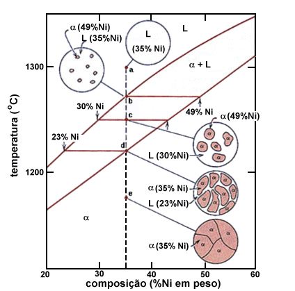 Microestrutura esquemática resultante do resfriamento de uma liga   contendo 35% Ni