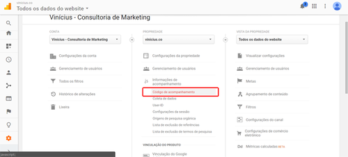 Tela de configuração do Google Analytics