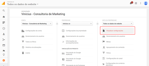 Visualizar configurações do Google Analytics